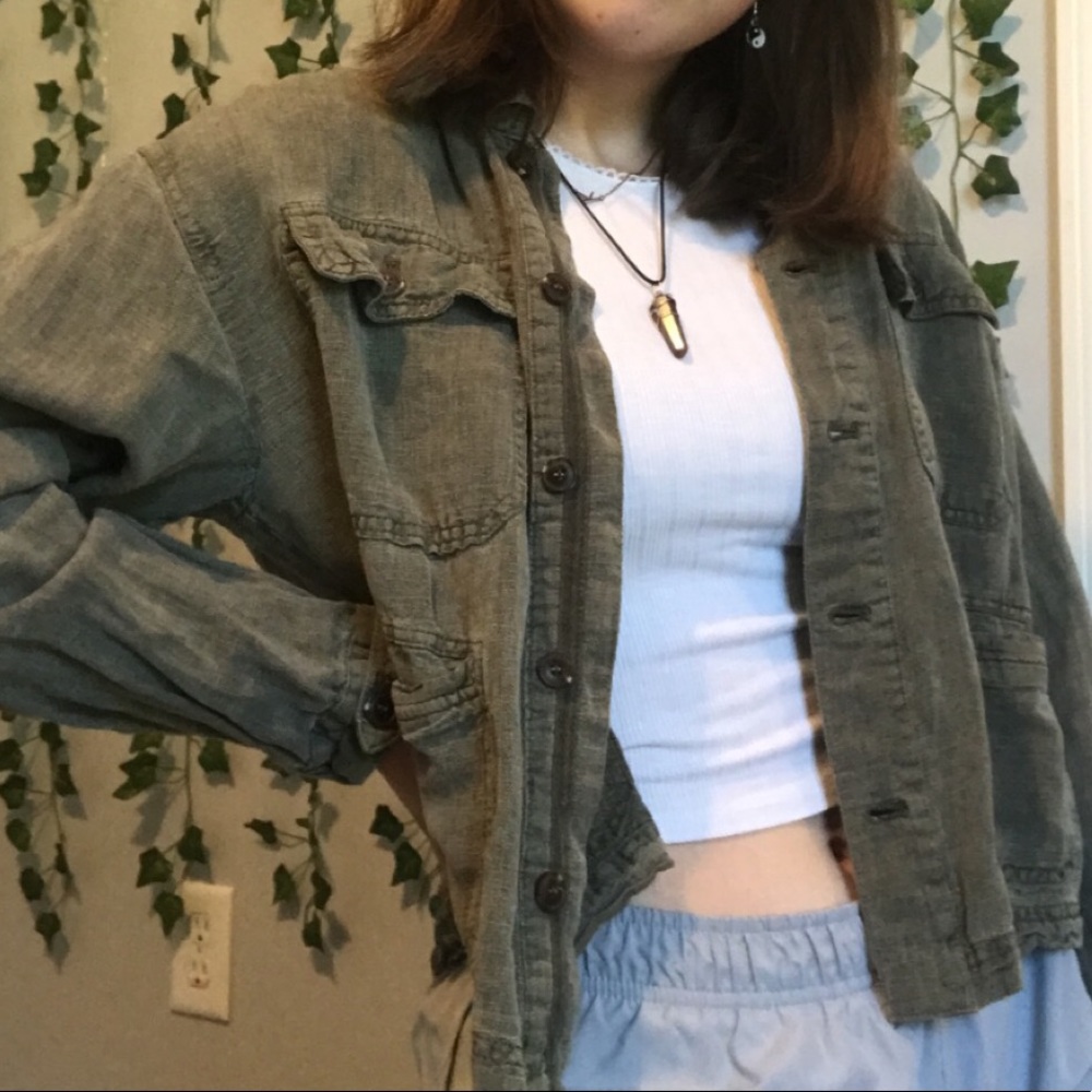 green linen shacket